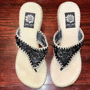 Women's Black Beaded Yellow Box Wedge Sandals